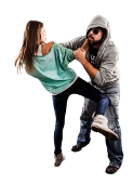 Selbstverteidigung - Eine Frau rammt einem Angreifer ihr Knie in den Unterleib. 